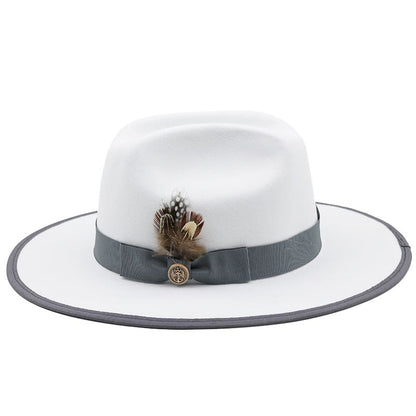 Feathers White Wool Fedora Hat - Classic Wool Fedora With Pheasant Feather Accent