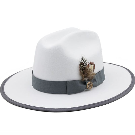 Feathers White Wool Fedora Hat - Classic Wool Fedora With Pheasant Feather Accent