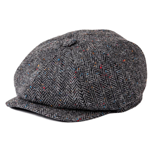 Flecked Gray Wool Newsboy Cap - Classic Silhouette With Herringbone Fleck Pattern