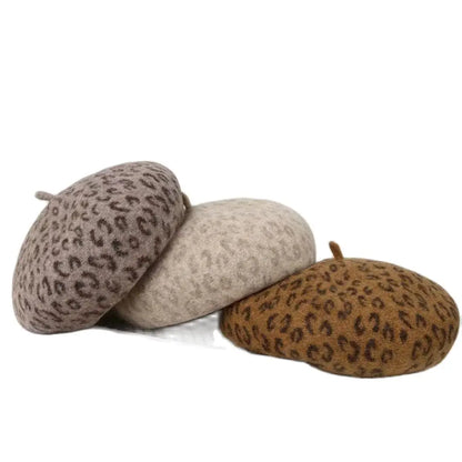 French Leopard Print Wool Beret - Timeless French Style Wool Hat For Chic Ensembles