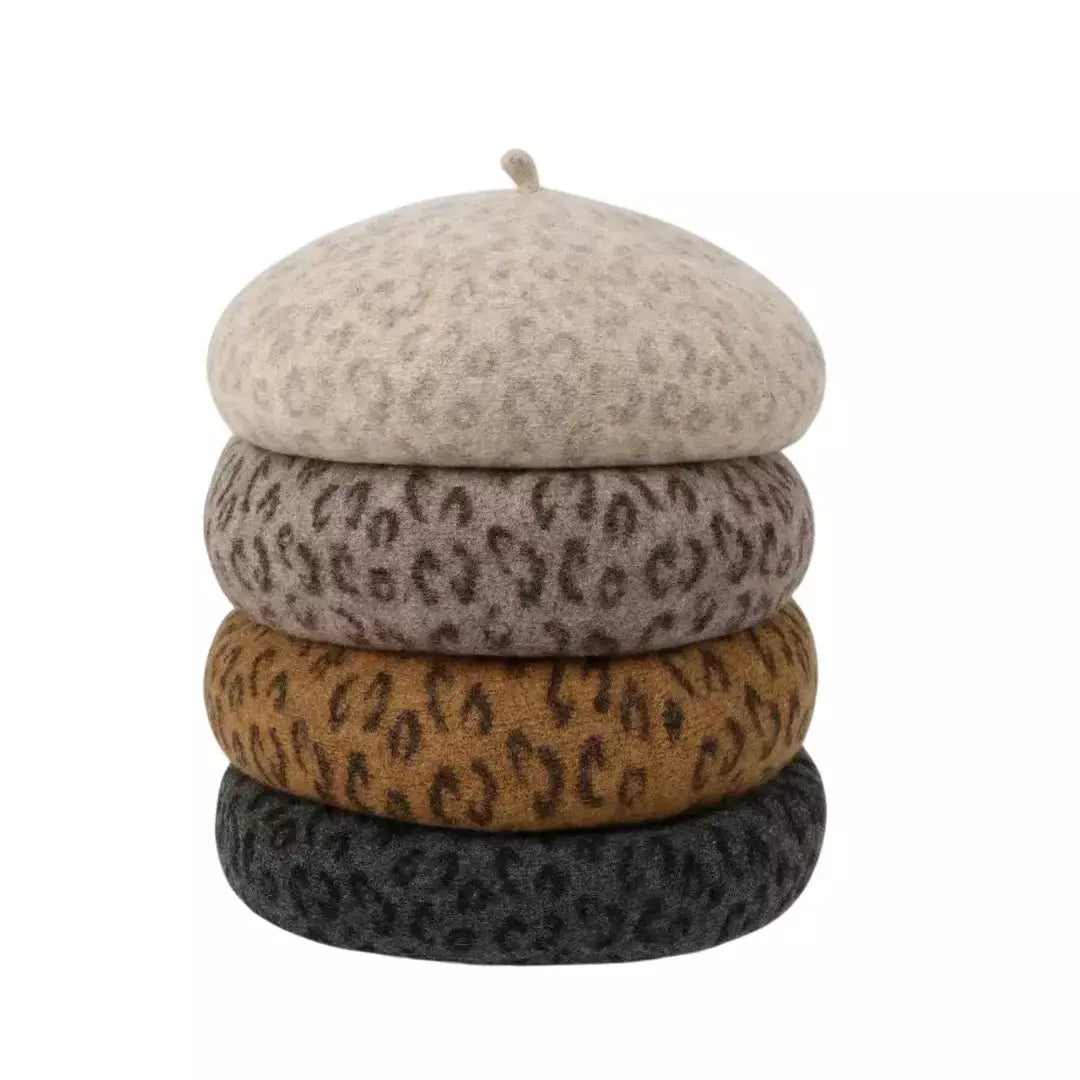 French Leopard Print Wool Beret - Timeless French Style Wool Hat For Chic Ensembles