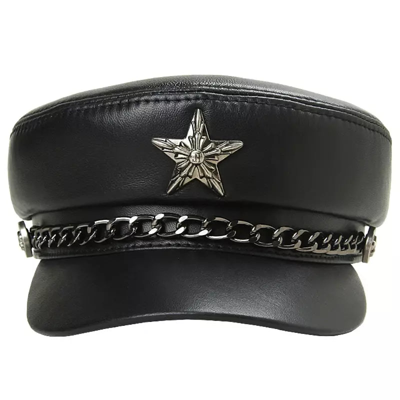 Golden Star Black Genuine Leather Sailor Cap - Cowhide Leather Sailor Hat In Classic Style