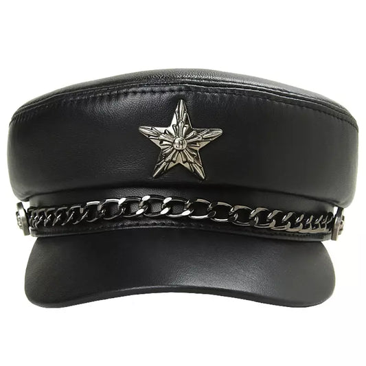 Golden Star Black Genuine Leather Sailor Cap - Cowhide Leather Sailor Hat In Classic Style