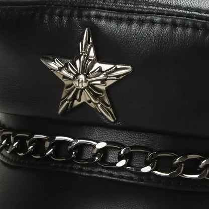 Golden Star Black Genuine Leather Sailor Cap - Cowhide Leather Sailor Hat In Classic Style
