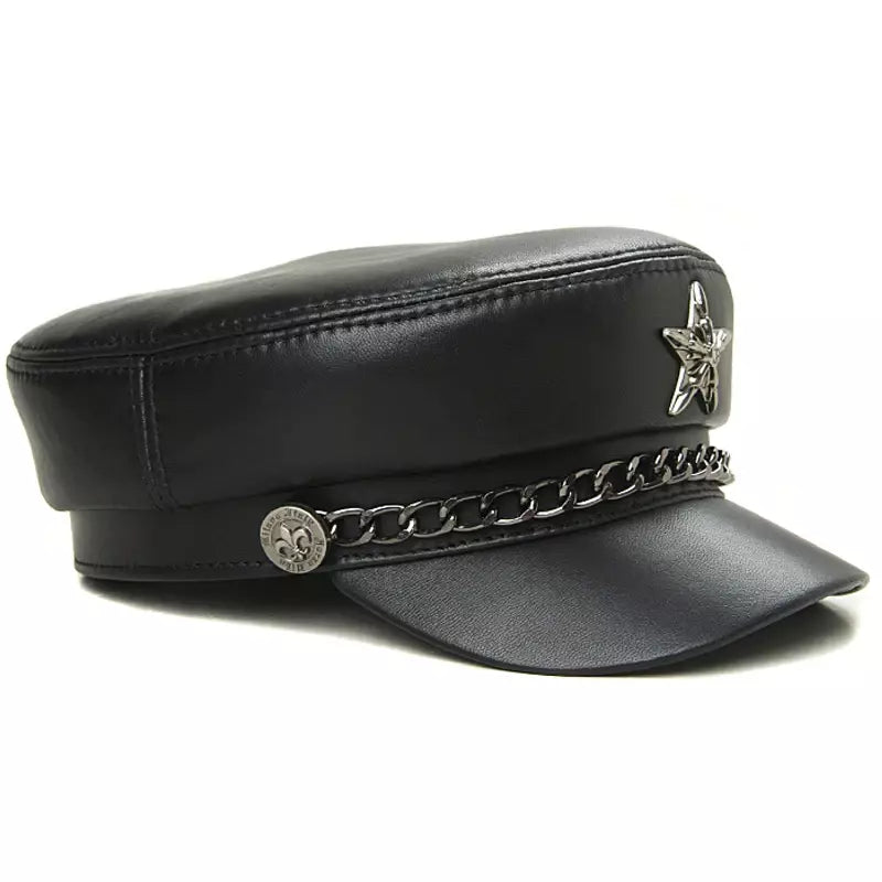 Golden Star Black Genuine Leather Sailor Cap - Cowhide Leather Sailor Hat In Classic Style