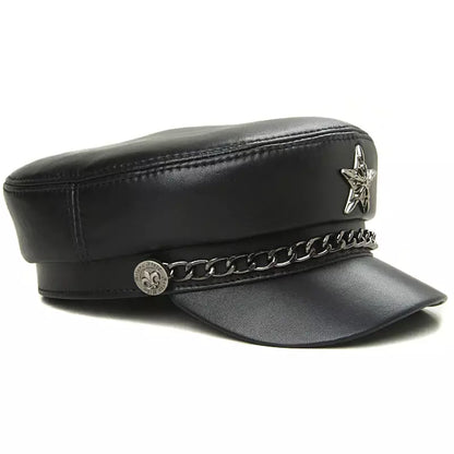 Golden Star Black Genuine Leather Sailor Cap - Cowhide Leather Sailor Hat In Classic Style
