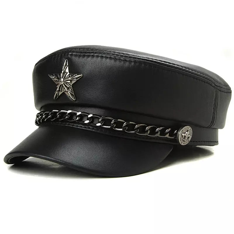 Golden Star Black Genuine Leather Sailor Cap - Cowhide Leather Sailor Hat In Classic Style