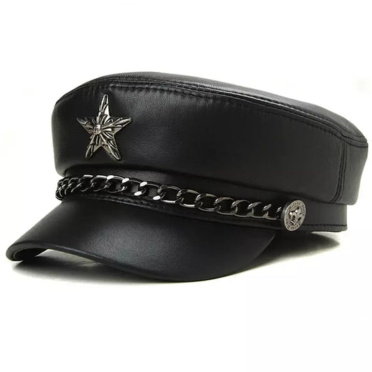 Golden Star Black Genuine Leather Sailor Cap - Cowhide Leather Sailor Hat In Classic Style