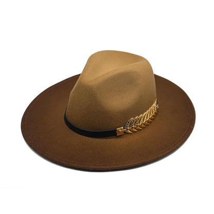 Golden Feather Gradient Fedora Hat - Cotton Material With Gold Feather Gradient Detail