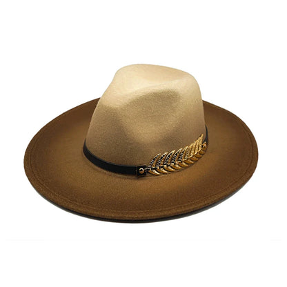 Golden Feather Gradient Fedora Hat - Cotton Material With Gold Feather Gradient Detail