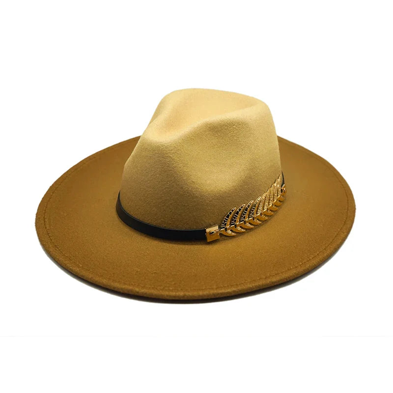 Golden Feather Gradient Fedora Hat - Cotton Material With Gold Feather Gradient Detail