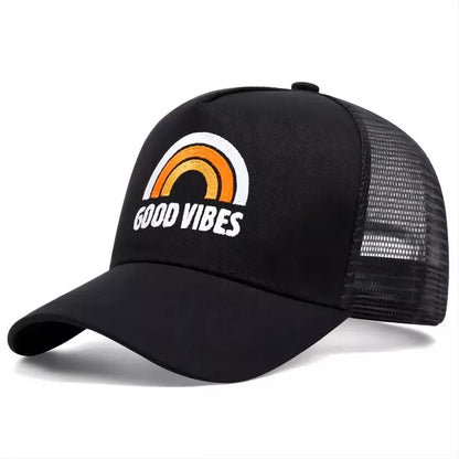 Good Vibes Rainbow Trucker Cap - Casual Rainbow Trucker Cap With Embroidered Logo