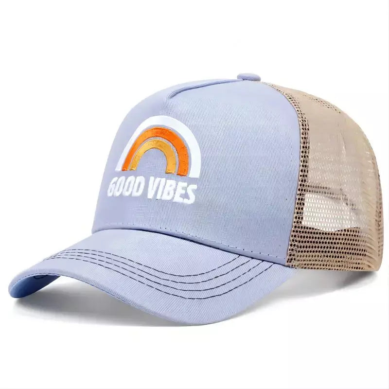 Good Vibes Rainbow Trucker Cap - Casual Rainbow Trucker Cap With Embroidered Logo