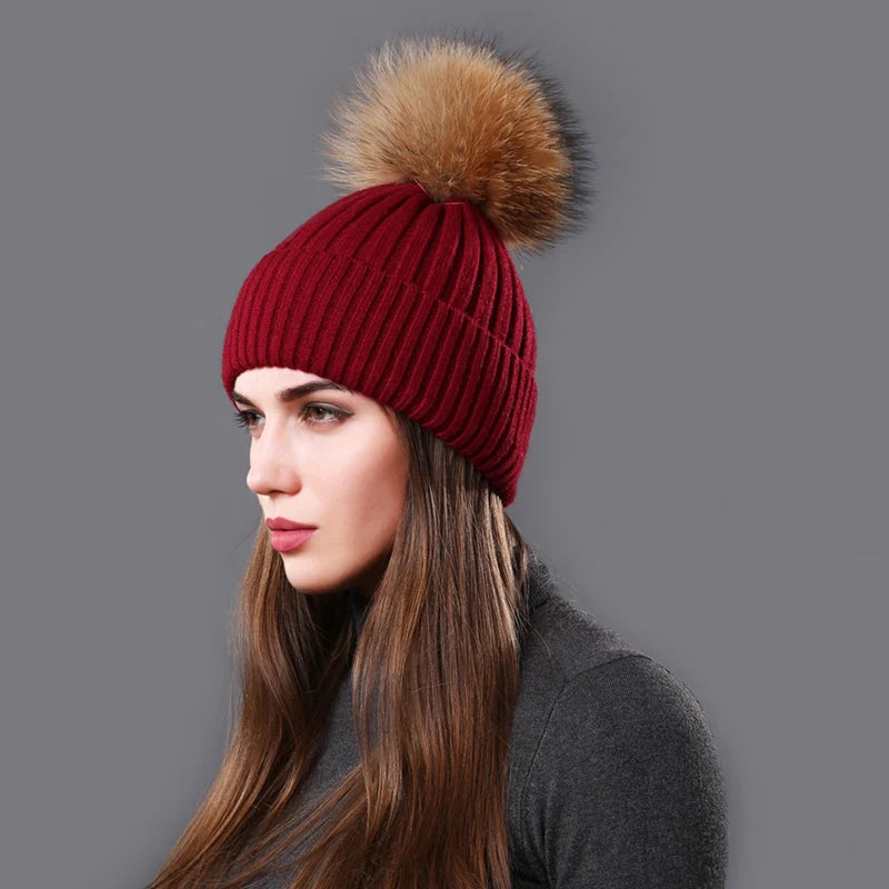 The Aspen | Raccoon Fur Pompom Casual Knitted Beanie | Urban Caps NZ