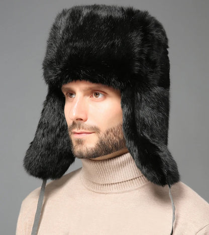 Tromso Real Rabbit Fur Trapper Hat in Black