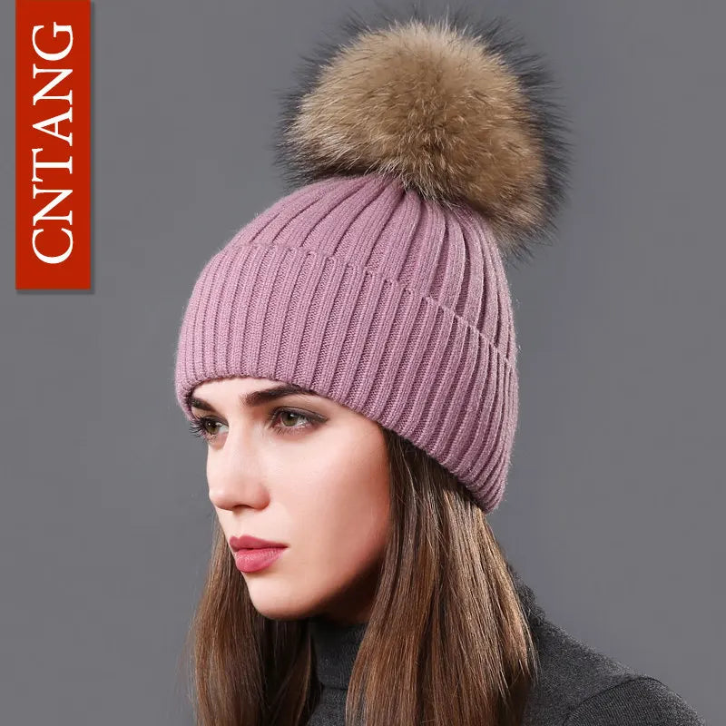 The Megeve | Classic Raccoon Fur Pompom Knitted Beanie | Urban Caps NZ