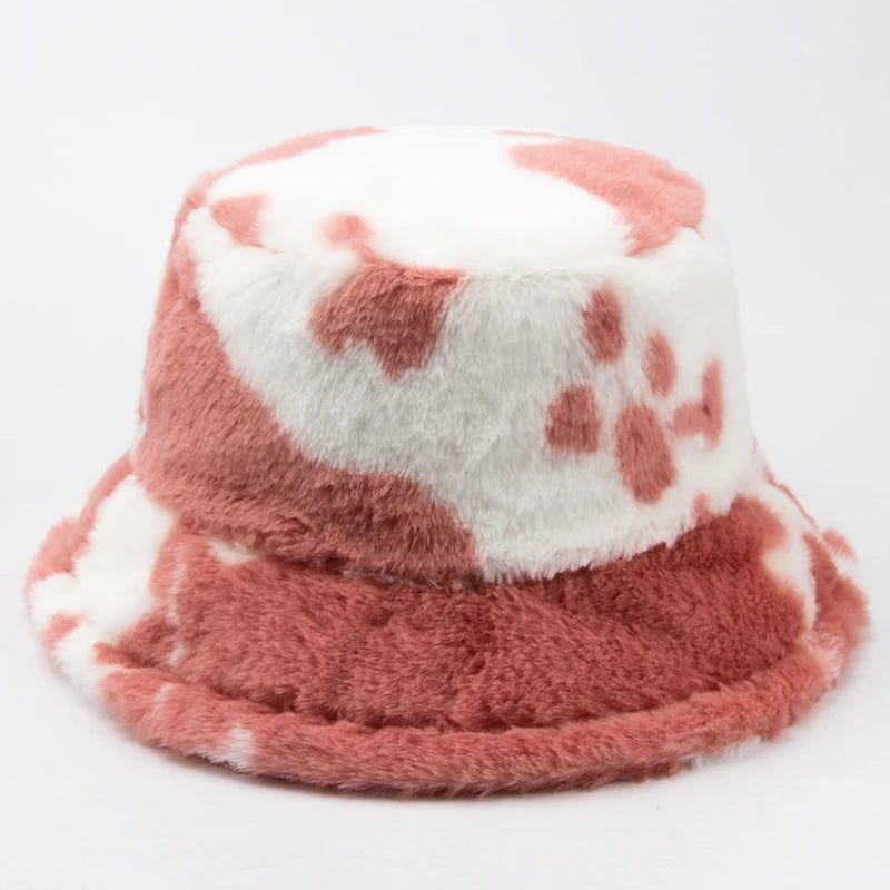 Plush Cow Print Bucket Hat | Warm Winter Panama Hat | Urban Caps NZ