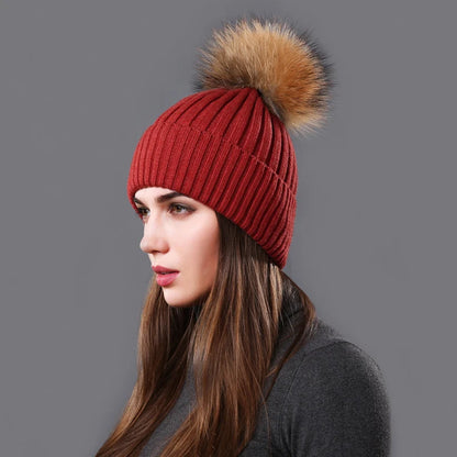 The Aspen | Raccoon Fur Pompom Casual Knitted Beanie | Urban Caps NZ