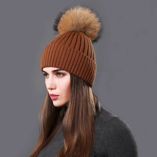 The Aspen | Raccoon Fur Pompom Casual Knitted Beanie | Urban Caps NZ