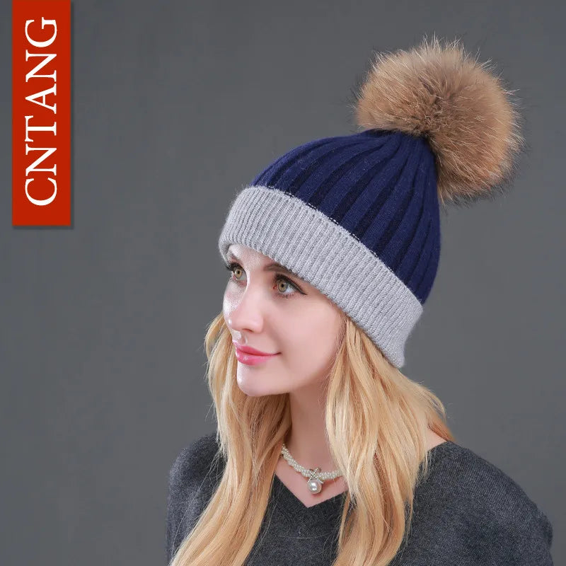 The Megeve | Classic Raccoon Fur Pompom Knitted Beanie | Urban Caps NZ