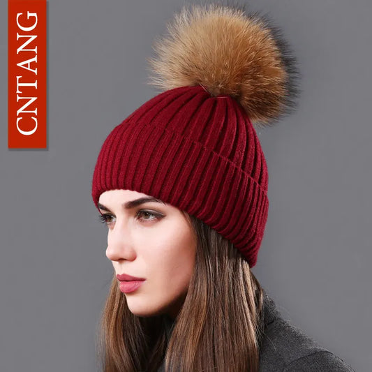 The Megeve | Classic Raccoon Fur Pompom Knitted Beanie | Urban Caps NZ
