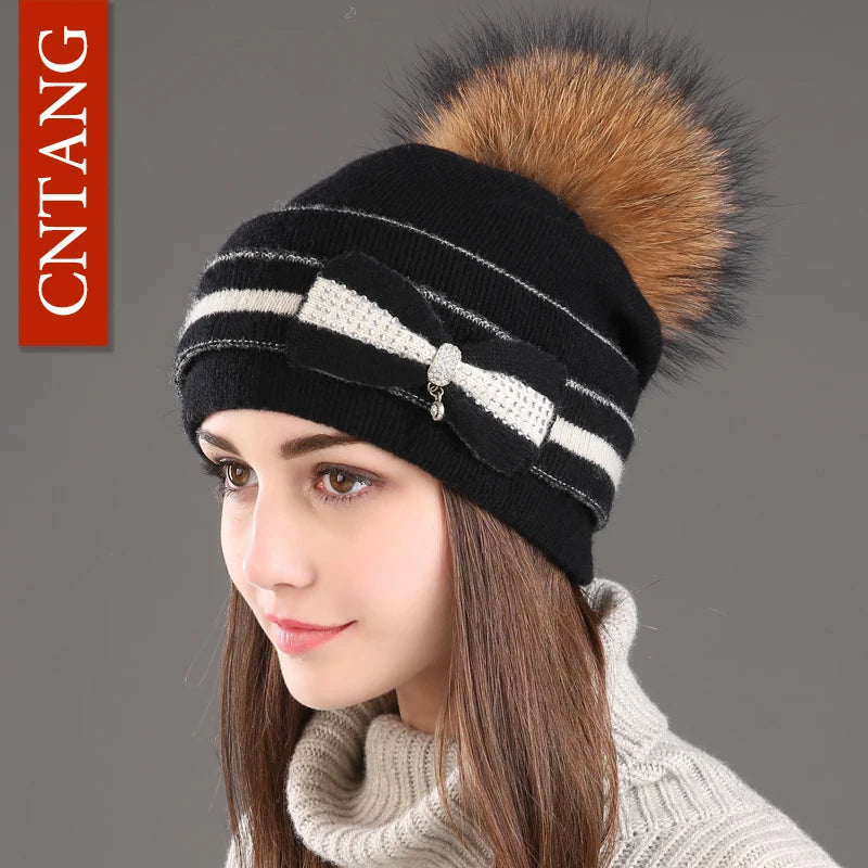 The Megeve | Classic Raccoon Fur Pompom Knitted Beanie | Urban Caps NZ