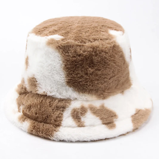 Plush Cow Print Bucket Hat | Warm Winter Panama Hat | Urban Caps NZ