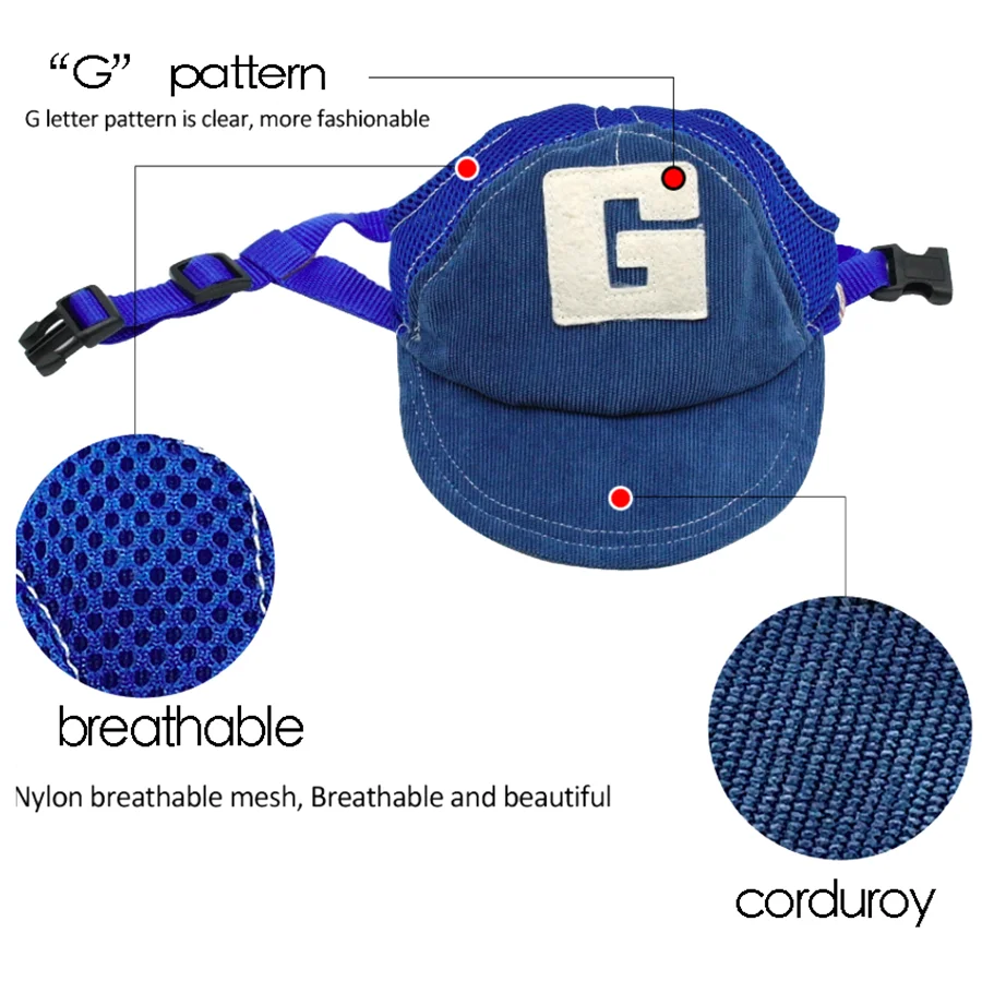Dog wearing a blue denim baseball cap