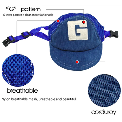 Dog wearing a blue denim baseball cap