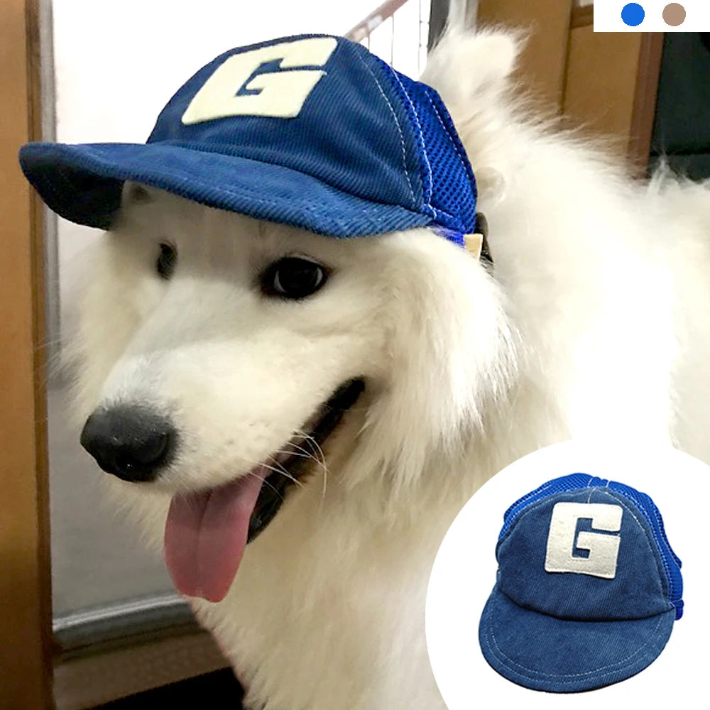 Denim dog baseball cap with ear holes in blue