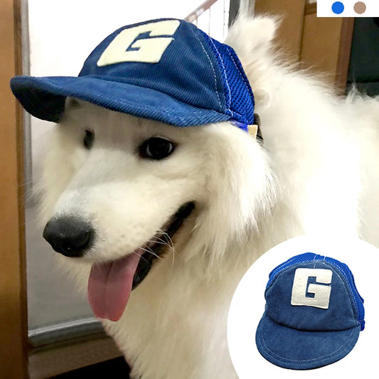Denim dog baseball cap with ear holes in blue