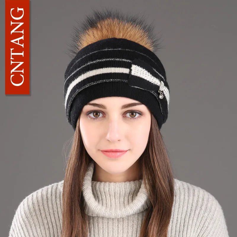 The Megeve | Classic Raccoon Fur Pompom Knitted Beanie | Urban Caps NZ