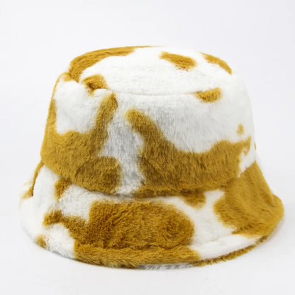 Plush Cow Print Bucket Hat | Warm Winter Panama Hat | Urban Caps NZ