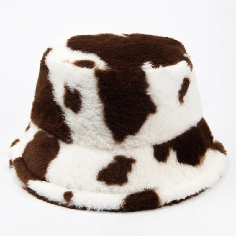 Plush Cow Print Bucket Hat | Warm Winter Panama Hat | Urban Caps NZ