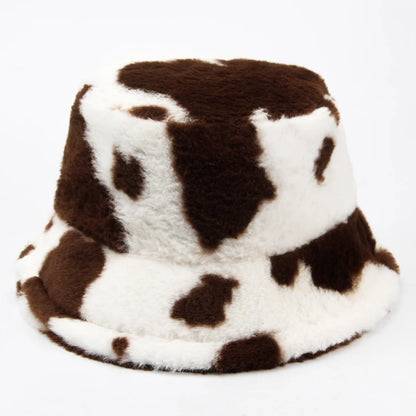 Plush Cow Print Bucket Hat | Warm Winter Panama Hat | Urban Caps NZ