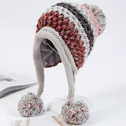 Ipswich Pompom Patchwork Beanie in Gray