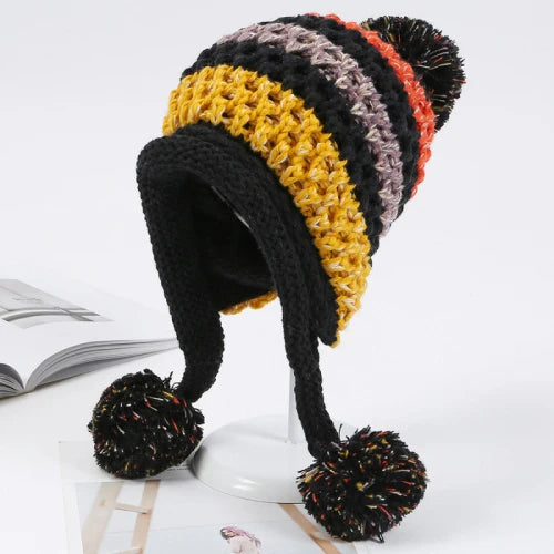 Ipswich Pompom Patchwork Beanie in Black