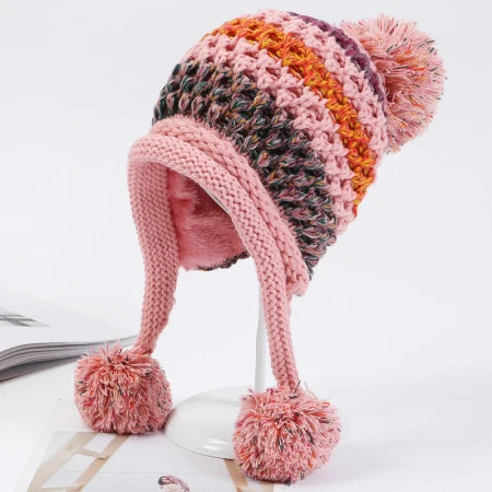 Ipswich Pompom Patchwork Beanie in Pink