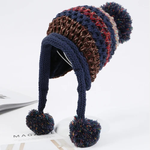 Ipswich Pompom Patchwork Beanie in Navy Blue