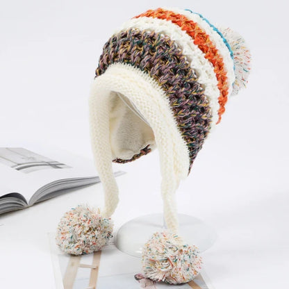 Ipswich Pompom Patchwork Beanie in Ivory