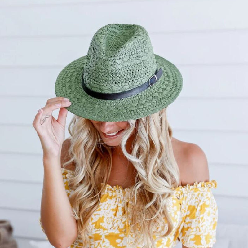 Women’s Fedora Style Straw Hat with Adjustable Fit & Leather Band