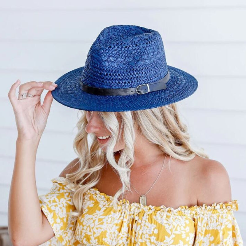Women’s Fedora Style Straw Hat with Adjustable Fit & Leather Band