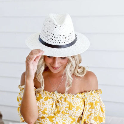 Women’s Fedora Style Straw Hat with Adjustable Fit & Leather Band