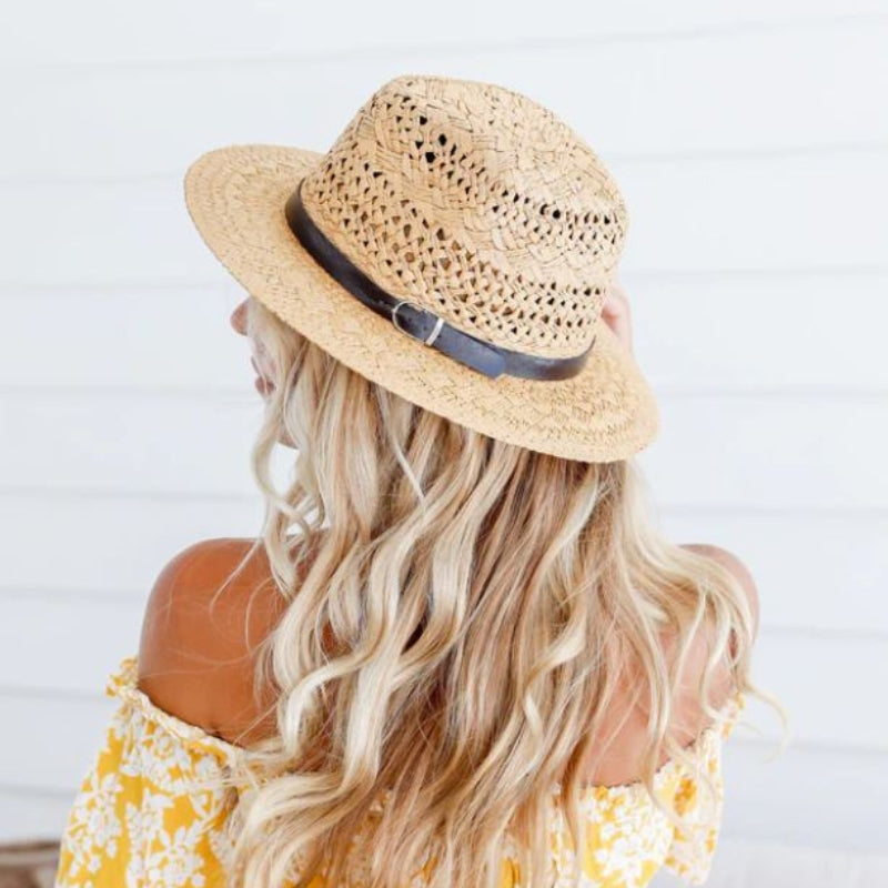 Women’s Fedora Style Straw Hat with Adjustable Fit & Leather Band