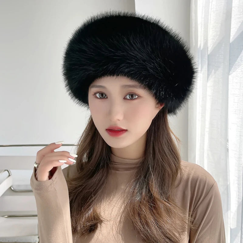 Magadan Faux Fox Fur Trapper Hat in Black
