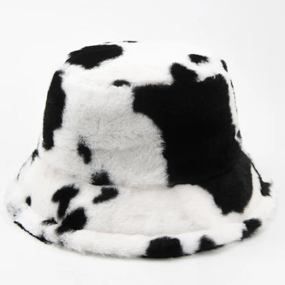 Plush Cow Print Bucket Hat | Warm Winter Panama Hat | Urban Caps NZ