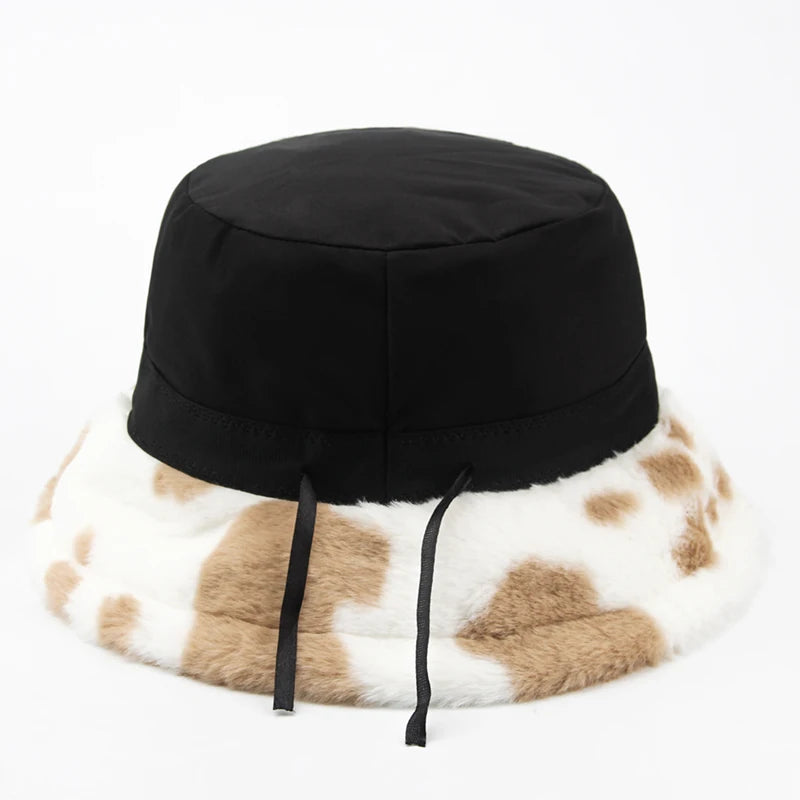 Plush Cow Print Bucket Hat | Warm Winter Panama Hat | Urban Caps NZ