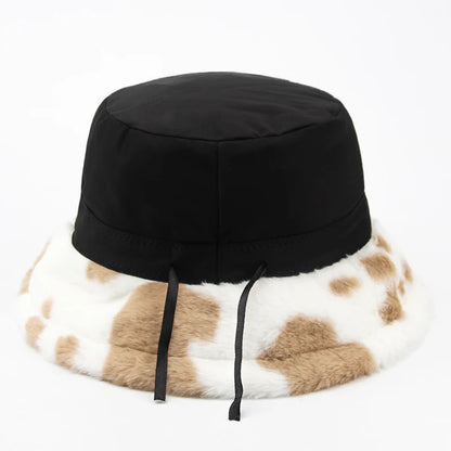 Plush Cow Print Bucket Hat | Warm Winter Panama Hat | Urban Caps NZ
