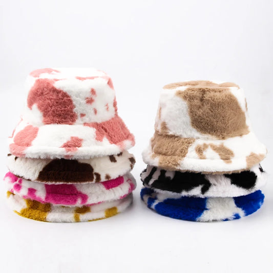 Plush Cow Print Bucket Hat | Warm Winter Panama Hat | Urban Caps NZ