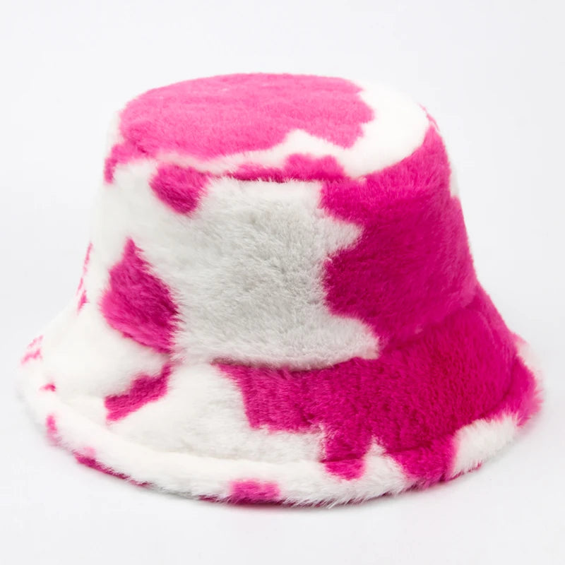 Plush Cow Print Bucket Hat | Warm Winter Panama Hat | Urban Caps NZ